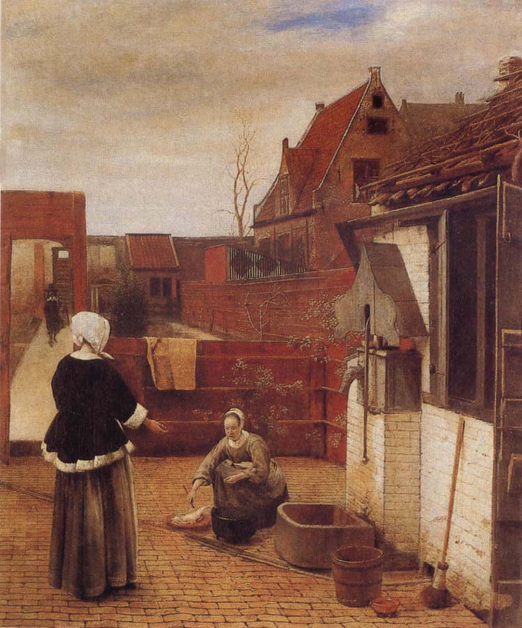 A Woman and her Maid in  Courtyard